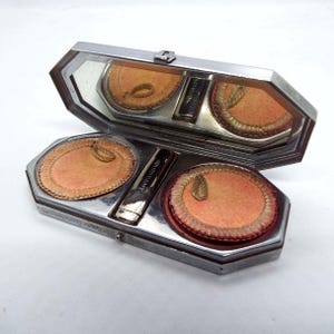 Vintage 1930er Jahre Houbigant Triple Vanity Compact Rouge & Powder Compact Lippenstift Vanity Lagerung Art Deco Compact Buchstück