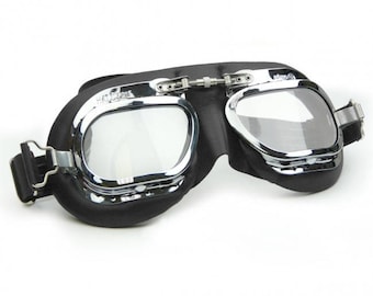 Mark 410 Motorcycle Goggles, Black Leather Facemask, Chrome Curved Frame Style Eyewear with Adjustable Headband, One Size Fits All | Halcyon