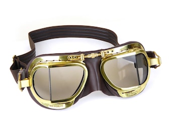 Halcyon Steampunk Edition Goggles / Highly Polished Compact Brass Frames / Real Leather Brown Facemask / For Open Faced Helmets