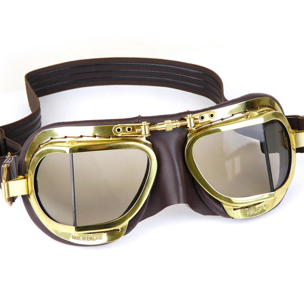 Halcyon Steampunk Edition Goggles / Highly Polished Compact Brass Frames / Real Leather Brown Facemask / For Open Faced Helmets