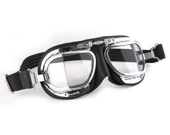 Gafas de moto compactas, máscara de cuero negra con marco cromado, adecuadas para entusiastas de los autos clásicos y la aviación, eventos de cosplay