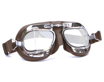 Halcyon Mark 49 Classic Goggles, Brown Leather Facemask, Hand-Stitched onto Chrome Plated Frames, for Open-Faced Motorcycle Helmets