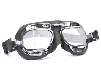 Halcyon Mark 49 Classic Goggles / Black Leather Facemask / Hand-Stitched onto Chrome Plated Frames / For Open Faced Motorcycle Helmets