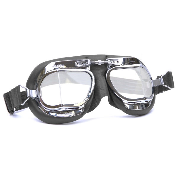 Halcyon Mark 49 klassische Brille / schwarz Leder Gesichtsmaske / von Hand genäht auf verchromte Rahmen / für offene Gesicht Motorradhelme