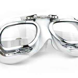 Mark 410 Motorradbrille, weiße Gesichtsmaskenpolsterung aus Leder Handgenäht an verchromten, massiven Messingrahmen. Brooklands Geschwungener Stil.