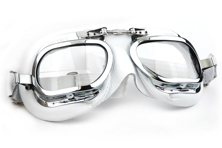 Mark 410 Motorcycle Goggles, White Leather Face-Mask Padding Hand Stitched to Chrome Plated, Solid Brass Frames. Brooklands Curved Style.