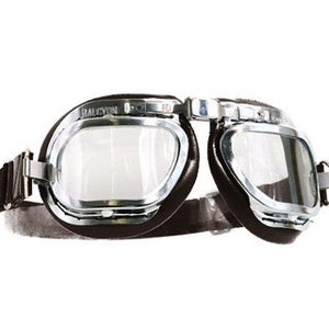 Könnte beinhalten: Braune Leder-Fliegerbrille mit klarem Glas und Metallrahmen.