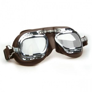 Mark 410 Motorcycle Goggles, Black Leather Facemask, Chrome Curved