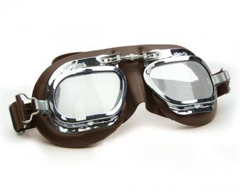 Mark 410 Motorcycle Goggles, Brown Leather Facemask, Brooklands Racing Eyewear Style with Curved Frames, Suitable for Open-faced Helmets