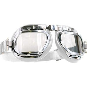 Könnte beinhalten: Silberne Fliegerbrille mit klaren Gläsern und einem Lederband.