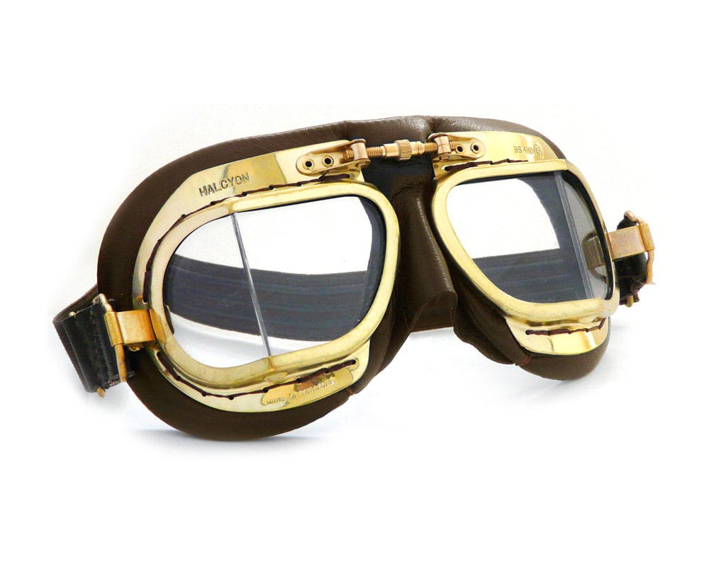 Halcyon Mark 49 Classic Goggles, Brown Leather Facemask, Steampunk Style Antique Brass Frames, For Open-Faced Motorcycle Helmets
