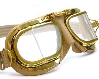 Compact Brass Goggles, Antique Steampunk Frames with Tan Leather Facemask, suitable for Cosplay, Aviation & Classic Car Enthusiasts, Halcyon