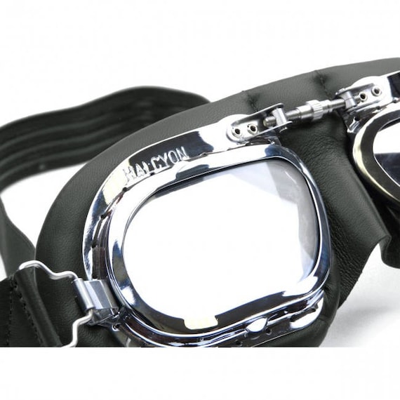 Mark 410 Motorcycle Goggles, Black Leather Facemask, Chrome Curved