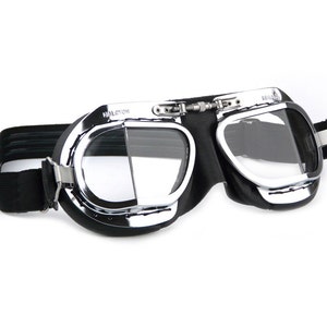 Halcyon Mark 9 Classic Brille, schwarze PVC-Leder-Gesichtsmaske, handgenäht auf verchromten Messingrahmen, für offene Motorradhelme