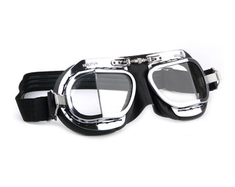 Gafas clásicas Halcyon Mark 9, máscara de cuero de PVC negra, cosidas a mano sobre marcos de latón cromado, para cascos de motocicleta abiertos