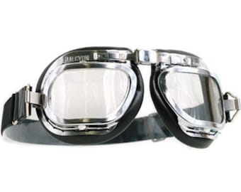 Mark 46 Motorcycle Goggles, Black Leather with Chrome Plating on Brass Curved Frames, Brooklands Racing Style, Suitable for Classic Cars