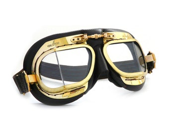 Halcyon Mark 49 Classic Goggles, Black Leather Facemask, Steampunk Style Antique Brass Frames, For Open-faced Motorcycle Helmets
