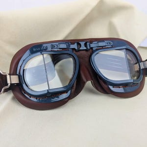RAF Mark 8 WW2 Goggles, Blue Painted Frames, Brown Leather and Chamois Leather Facemask for Motorcycles, Aviation or Classic Car Enthusiasts
