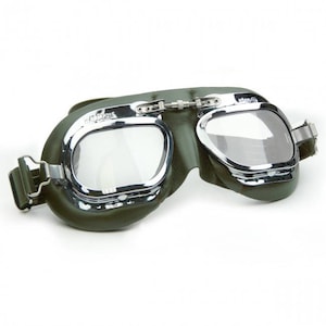 Mk 410 Motorcycle Goggles, Racing Green Leather Facemask, Eyewear for Aviation, Classic Car Enthusiasts, Curved Framed Retro Style | Halcyon