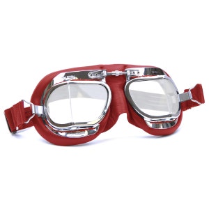 Könnte beinhalten: Rote Leder-Fliegerbrille mit verchromten Metallrahmen und klaren Gläsern. Die Brille hat ein Band, das um den Hinterkopf geht.