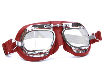 Halcyon Mark 49 Classic Goggles / Red Leather Facemask / Hand-Stitched onto Chrome Plated Frames / For Open Faced Motorcycle Helmets