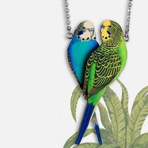 Whimsical wooden necklace "BFF" large double layered vintage jewelry budgerigar budgie vintage bird gift lover gift lasercut woodland