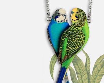 Whimsical wooden necklace "BFF" large double layered vintage jewelry budgerigar budgie vintage bird gift lover gift lasercut woodland