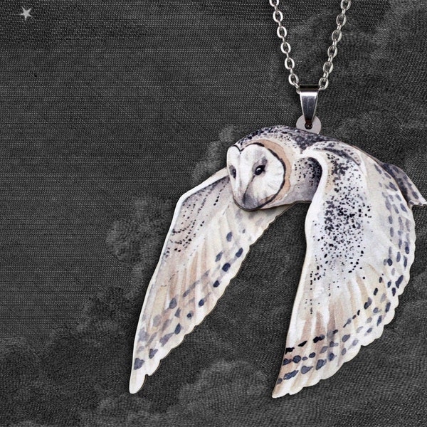 Statement whimsical wooden necklace "ON SILENT WINGS" large double layered vintage flying barn owl jewelry charm lasercut wood special gift