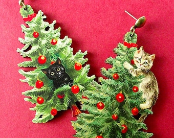 A MERRY KITTY CHRISTMAS  ++ earrings tree baubles black cat funny gift jewelry wood laser cut christmas