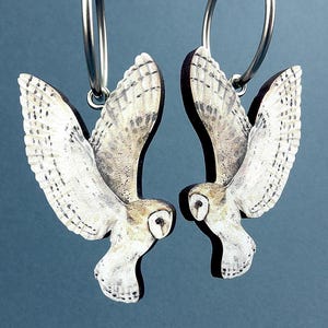 PALE ECHO ++ whimsical wooden hoop earrings creole lasercut gift vintage flying barn owl jewelry charm wood birds woodland