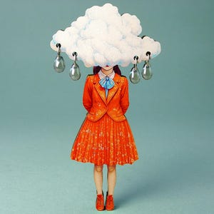 Peut inclure: Une œuvre d'art fantaisiste représentant une silhouette en costume et jupe orange, avec un nuage au-dessus de la tête et des pendentifs en forme de goutte. La silhouette porte un nœud papillon bleu et des chaussures rouges.
