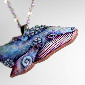 WALzer ++ Ketting Sieraden Hanger Illustratie Walvis Blauwe Walvis Cadeau Hanger Sieraden Collage Houten Kralen Vintage Zeedieren Lasergesneden