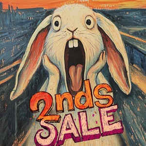 Puede incluir: Un conejo blanco con la boca muy abierta y ojos grandes, pintado al estilo de "El Grito" de Edvard Munch, con las palabras "2nds SALE" en letras naranja y rosa.