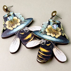 MAD HONEY HATTER ++ whimsical wooden earrings studs lasercut vintage gift bee bumble hat flowers surreal collage contemporary jewelry