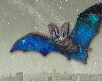 Whimsical wooden brooch pin "NIGHTFLIGHT" vintage bat halloween horror gothic dracula vampire lasercut universe star nightsky