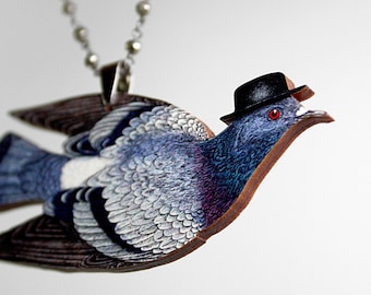 Statement whimsical wooden necklace "PIGEON in THE KITCHEN" vintage bird jewelry charm lasercut wood special gift