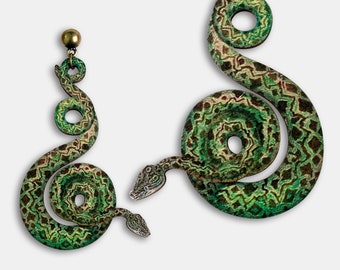 SNAKE SPECIALE SCULPTUREN ++ grote oorbellen oorstekers vintage groene slang cadeau hout laser gesneden