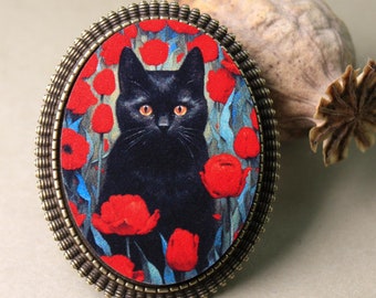 CAMPI DI PAPAVERI PER SEMPRE ++ piccola spilla gatto nero in un campo di papaveri in cornice gioielli stile vintage illustrazione