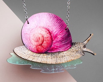 Large whimsical acrylic necklace "GO SLOW" snail slime pendant jewelry funny mixed media wood lasercut holographic gift