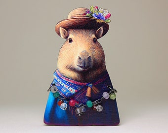 HAPY CAPY ++ Brosche Anstecker Pin vintage styled Illustration Capybara Wasserschwein boho ethno Hippie hipster Tiere Holz Schmuck Geschenk