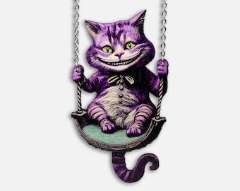 SWING, SMILE, REPEAT ++ large statement whimsical wooden cheshire cat on swing necklace lasercut vintage style jewelry wood art gift