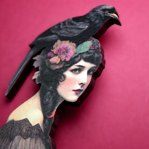RAVENS ARE AGIRLSBESTFRIEND whimsical wooden brooch pin raven crow black bird 20s 30s flapper vintage style collage gift woman victorian image 1