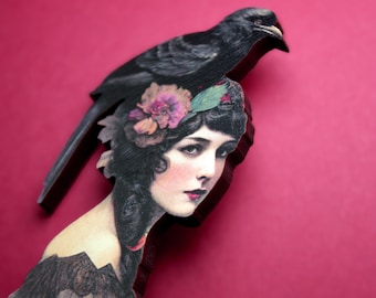 RAVENS ARE AGIRLSBESTFRIEND ++ whimsical wooden brooch pin raven crow black bird 20s 30s flapper vintage style collage gift woman victorian