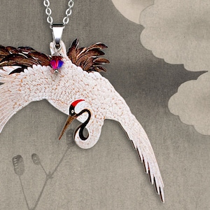 Statement whimsical wooden necklace "FLYING BEAUTY" vintage crane heron chinese bird jewelry charm birthday mothers day best friend wings
