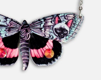 Statement whimsical wooden necklace "SIAMOTH" moth butterfly gothic rhinestone gift cat siamese lover jewelry pendant heads