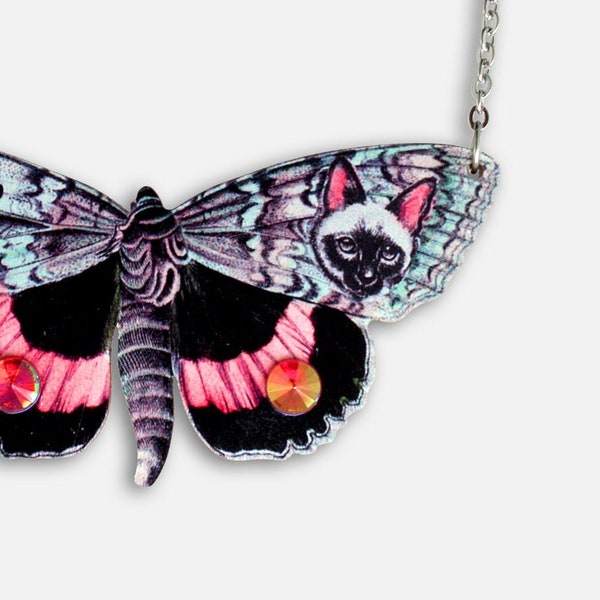 Statement whimsical wooden necklace "SIAMOTH" moth butterfly gothic rhinestone gift cat siamese lover jewelry pendant heads