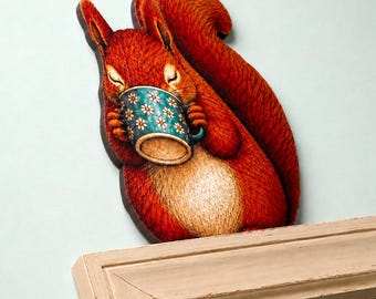 Wooden Squirrel Door Topper with Mug – Wall Decor for Coffee Lovers