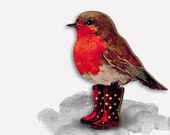 Wooden brooch pin quot DRY FEET quot vintage redbrest robin bird gift birthday mothers day best friend rubber boots wellingtons christmas