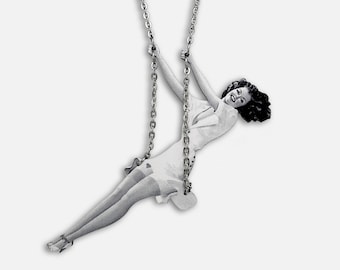 Whimsical wooden necklace &quot;SWINGIN&#39; 60s&quot; jewelry pendant rockabilly swing pin up girl retro vintage 50s rock&#39;n&#39;Roll unique gift idea friend