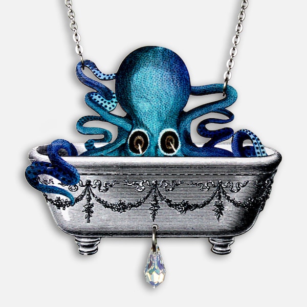 BADEN BADEN ++ Kette Anhänger Oktopus Kraken Tentakel Badewanne surreal Collage Jugendstil vintage Art Déco Schmuck Geschenk Tintenfisch